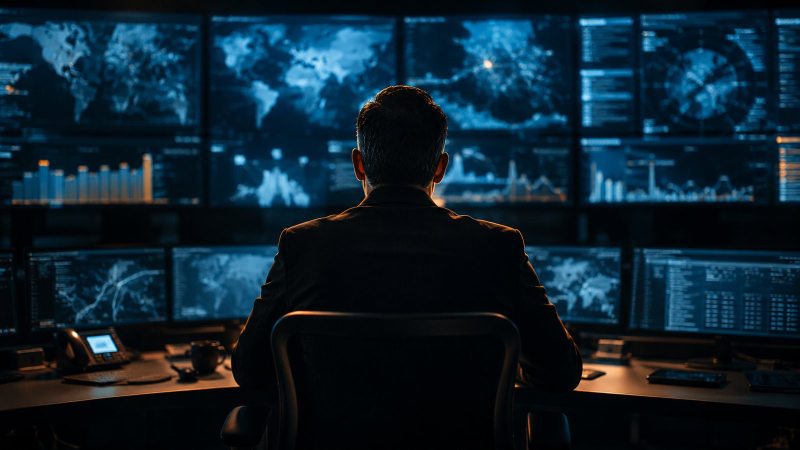 Analyst working across a wall of monitors during an open-source intelligence collection