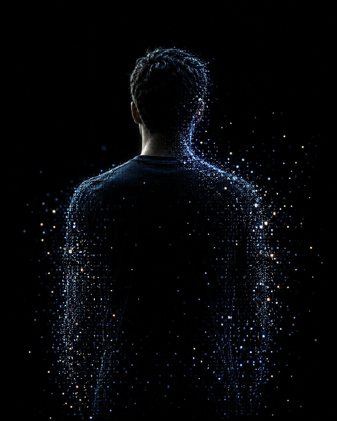 A person seen from behind dissolving into scattered points of personal data