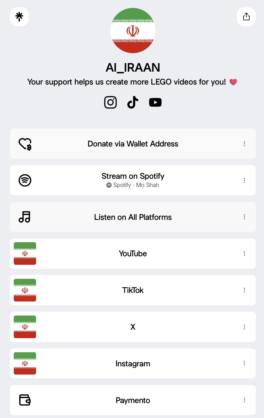 The AI_IRAAN Linktree: 'Your support helps us create more LEGO videos', links to Donate via Wallet Address, Spotify (Mo Shah), YouTube, TikTok, X, Instagram, Paymento.
