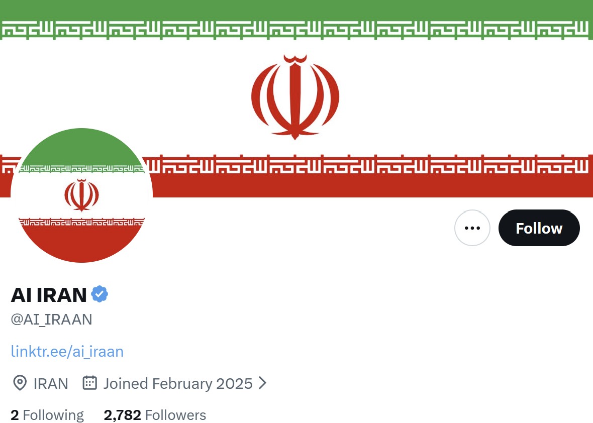 The @AI_IRAAN X profile: Iran flag banner and avatar, name 'AI IRAN' with a verified check, location IRAN, joined February 2025.