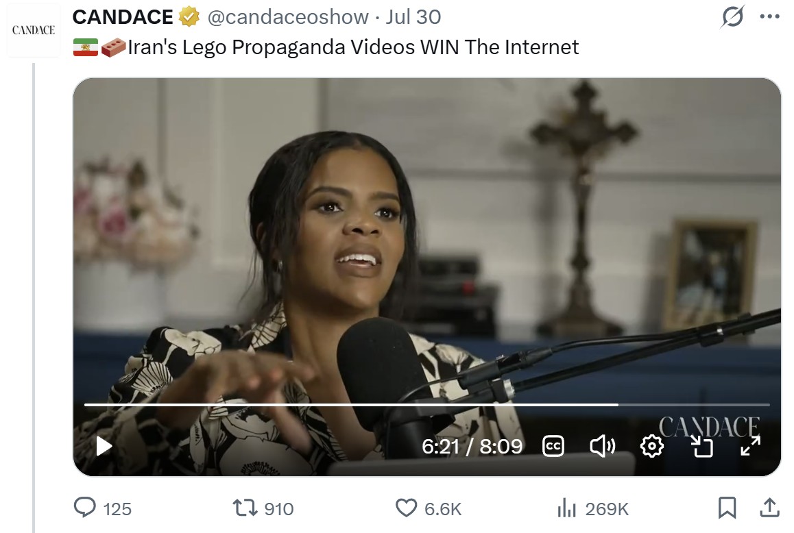 The verified CANDACE show account posting: Iran's Lego Propaganda Videos WIN The Internet, an eight-minute segment with 268K views.