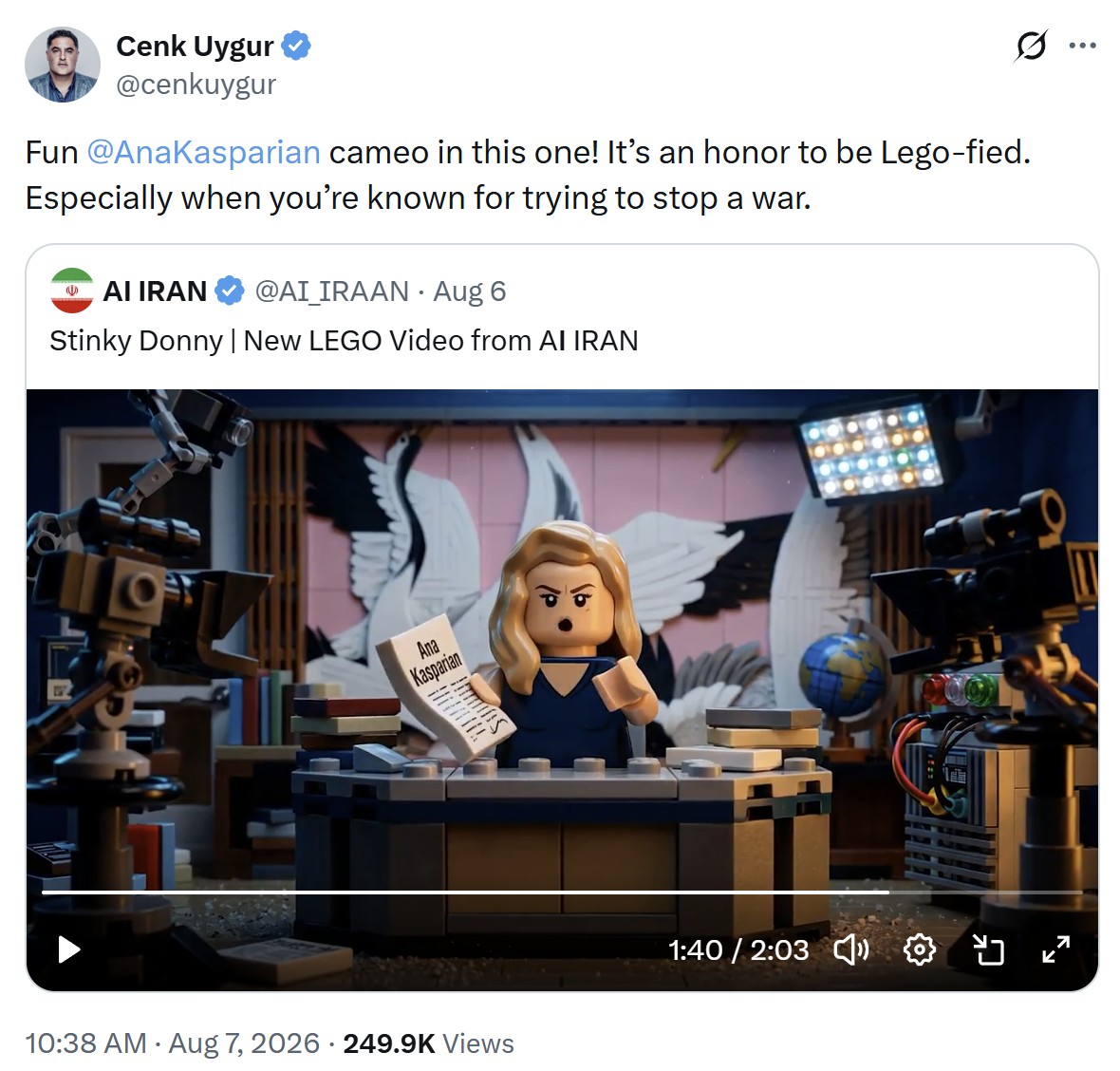 Cenk Uygur quote-posting the AI IRAN 'Stinky Donny' LEGO video, writing 'Fun @AnaKasparian cameo in this one! It's an honor to be Lego-fied.'