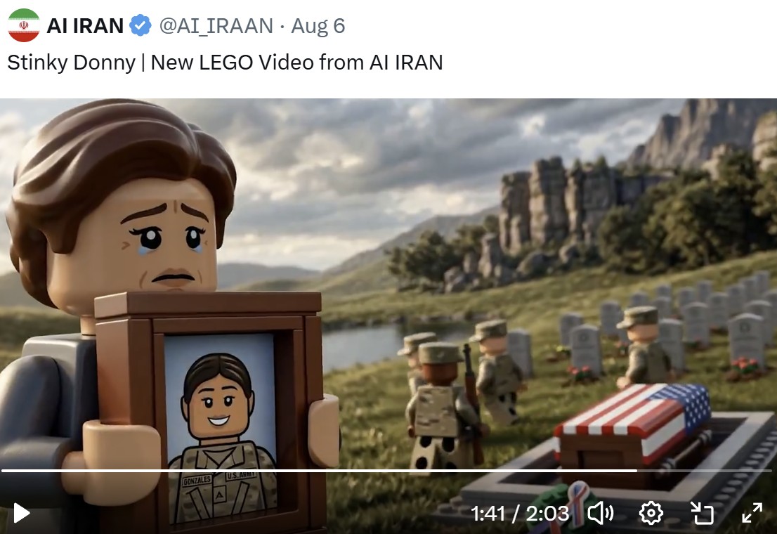 AI IRAN LEGO video depicting a flag-draped US military coffin and a grieving family at a cemetery.