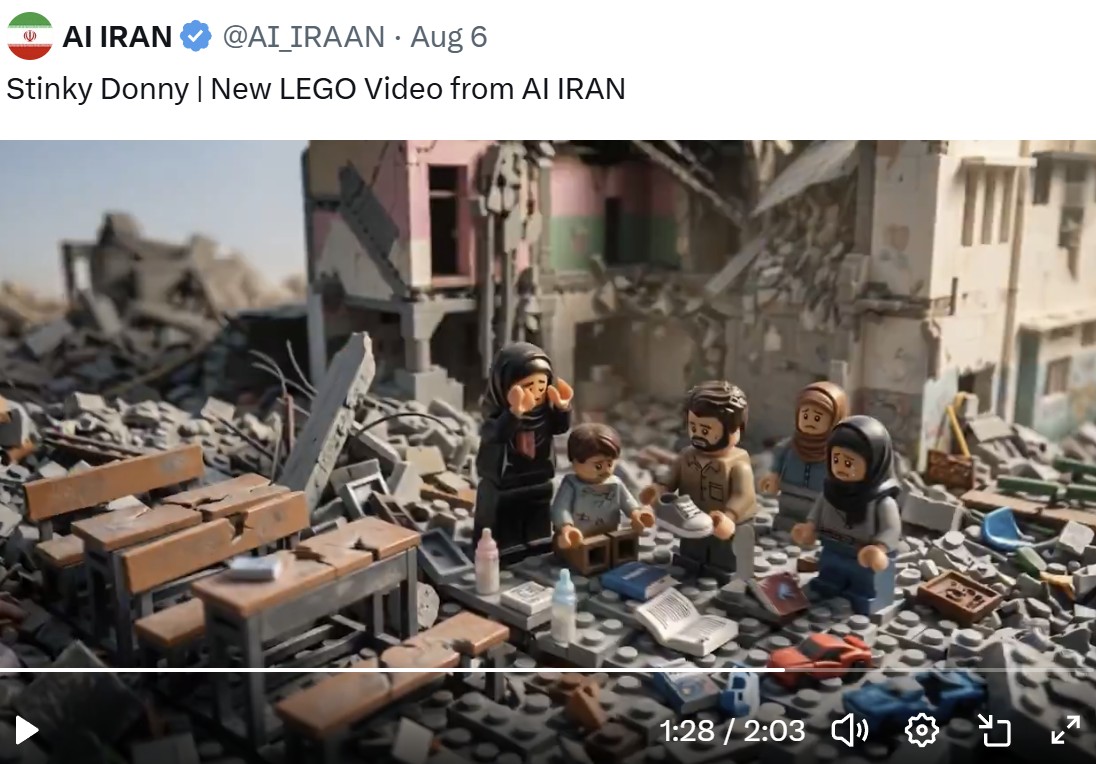 AI IRAN LEGO video depicting children amid rubble and destroyed buildings.