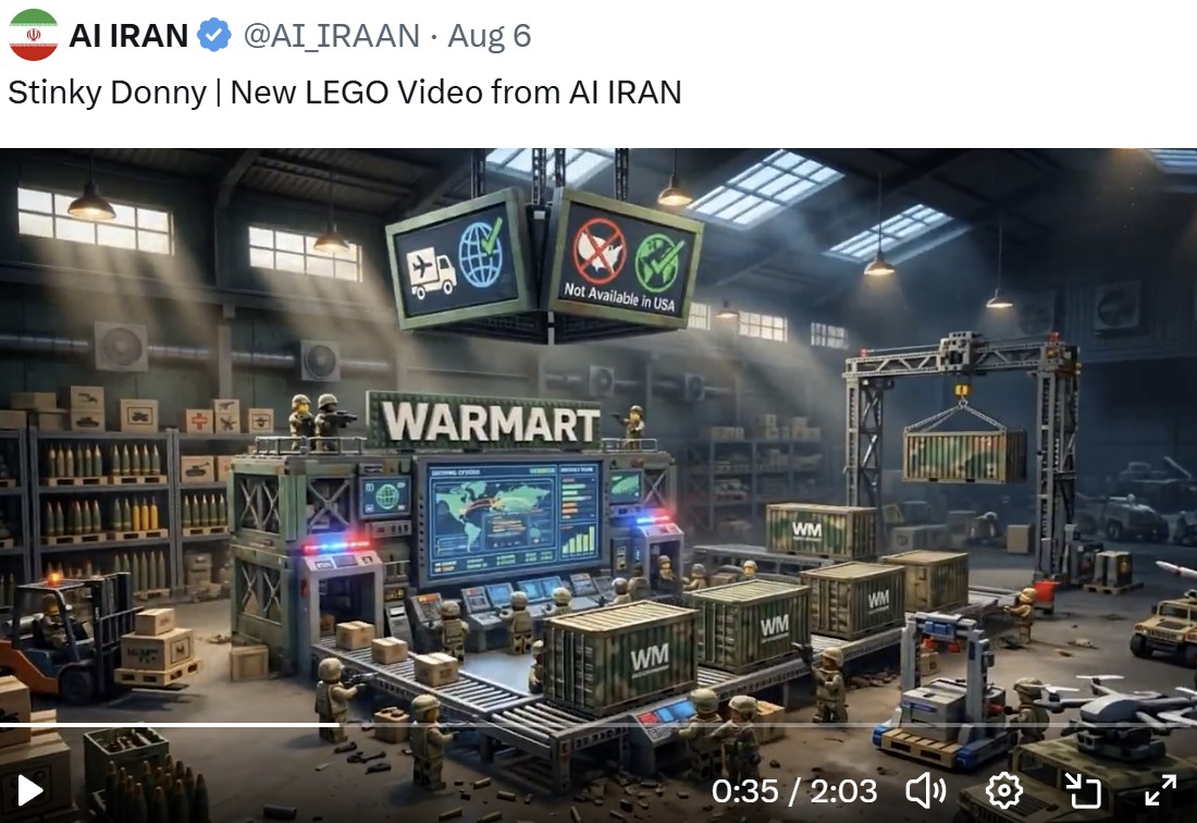 AI IRAN LEGO video 'WARMART' depicting a US arms warehouse marked 'Not Available in USA'.