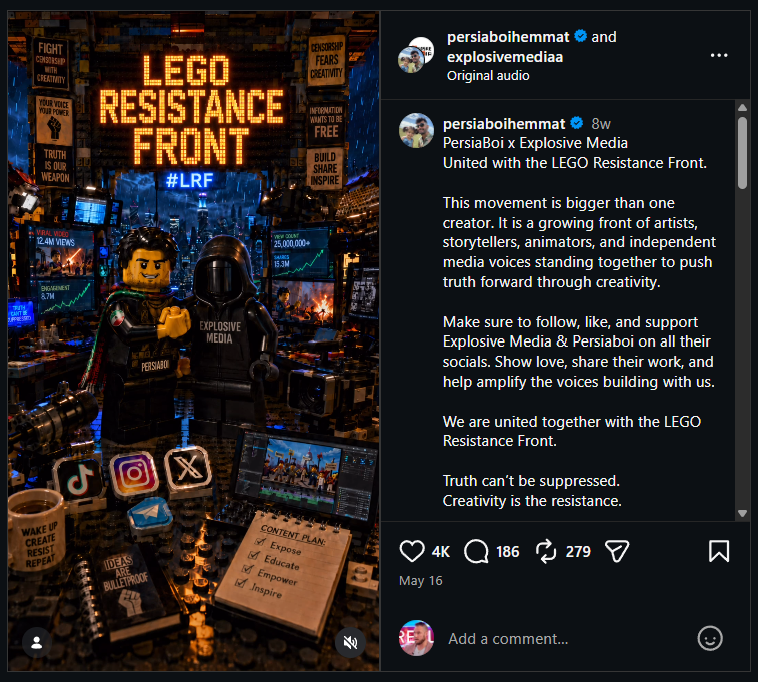 Instagram collab post by persiaboihemmat and explosivemediaa: a LEGO Resistance Front poster with PersiaBoi and Explosive Media minifigures, asking followers to follow, like and support Explosive Media and Persiaboi on all their socials.