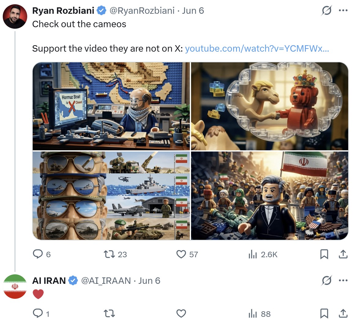 Ryan Rozbiani's post: 'Check out the cameos. Support the video they are not on X' with four AI IRAN propaganda stills; AI IRAN replies with a heart.