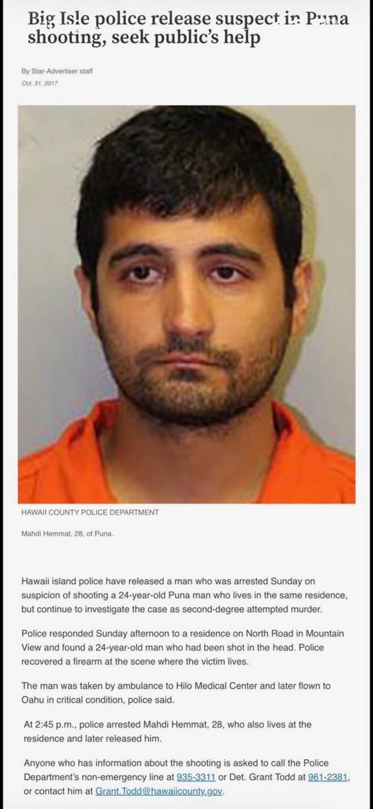 Hawaii Star-Advertiser story: 'Big Isle police release suspect in Puna shooting,' naming Mahdi Hemmat, 28, of Puna, with a booking photo.