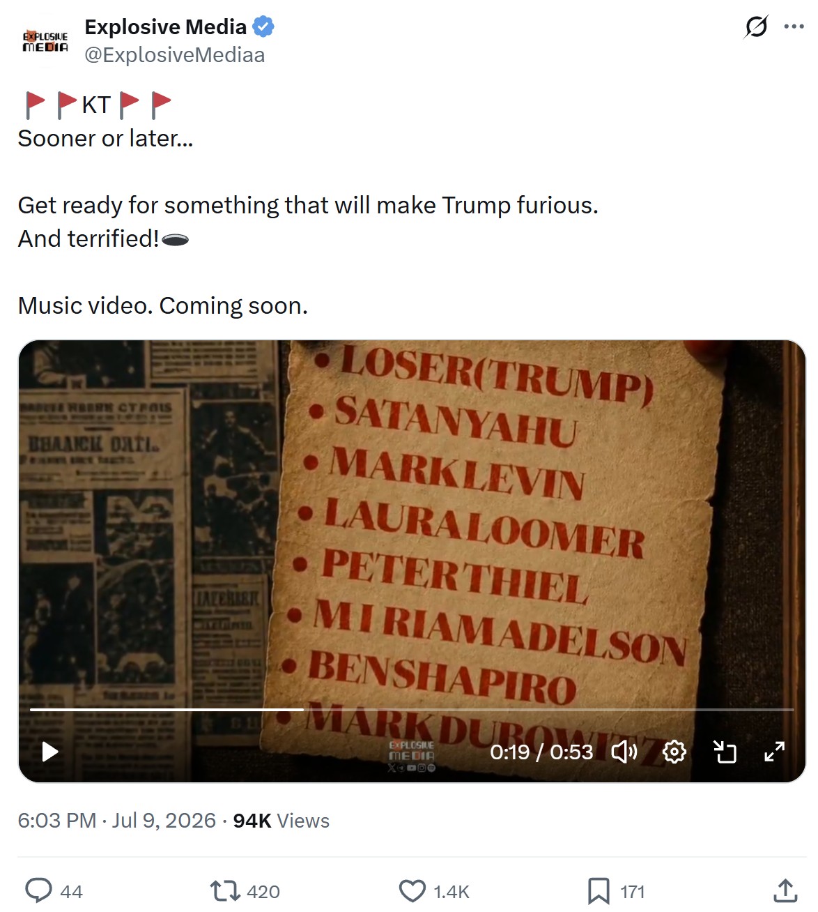 Explosive Media 'KT' teaser: a 'Chain of Crimes' enemies list naming Loser(Trump), Satanyahu, Mark Levin, Laura Loomer, Peter Thiel, Miriam Adelson, Ben Shapiro, Mark Dubowitz.