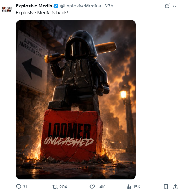 Explosive Media 'Loomer Unleashed' Lego post.