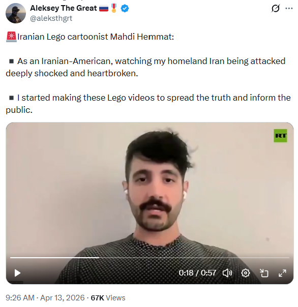 Mahdi Hemmat on Russian state television RT, captioned 'Iranian Lego cartoonist Mahdi Hemmat,' stating he started making the Lego videos.