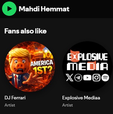 Spotify artist page for Mahdi Hemmat, 'Sacred Defense' cover art, war-themed tracks.