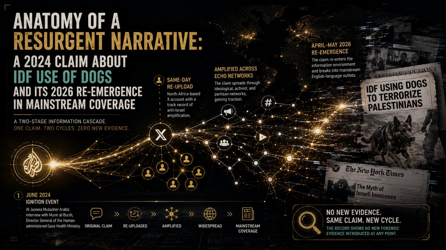 Report cover: a two-stage information cascade traced from an Al Jazeera ignition event through amplifier networks to New York Times coverage, over a darkened world map.