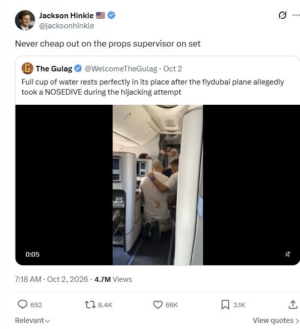 Authentic Jackson Hinkle X post quoting a cabin cup video and joking about a props supervisor.