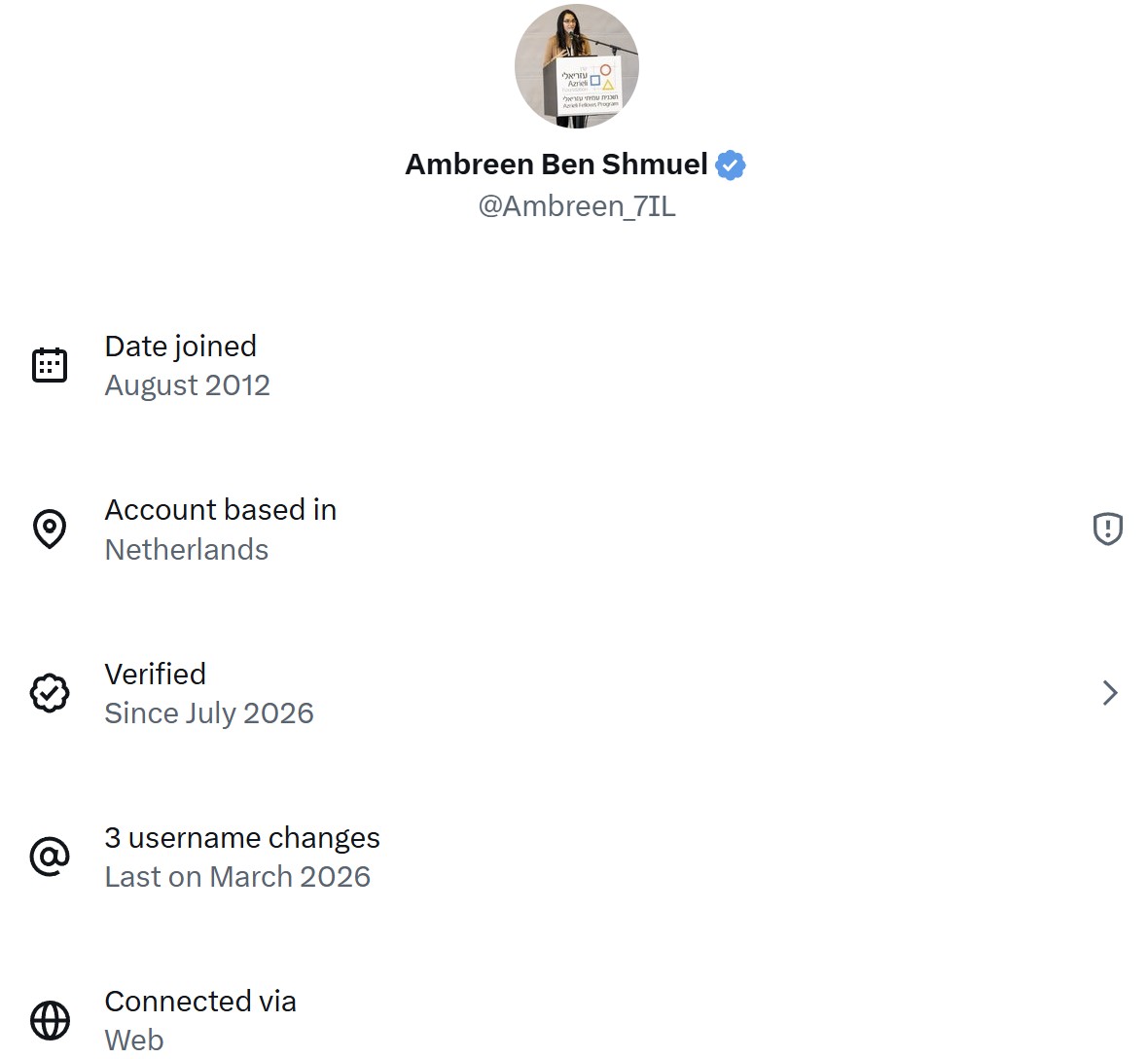X 'About this account' panel for @Ambreen_7IL showing: joined August 2012, account based in Netherlands with a warning shield, verified since July 2026, 3 username changes last on March 2026, connected via Web.