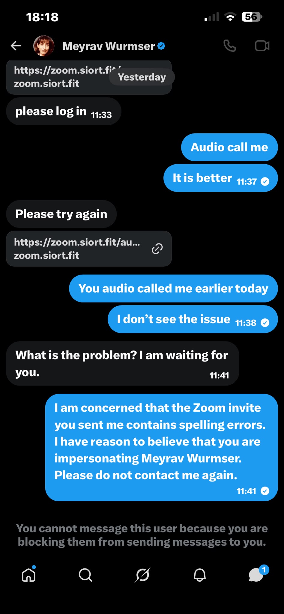 Direct messages: the persona sends 'https://zoom.siort.fit/...' with 'please log in' and 'Please try again,' then 'What is the problem? I am waiting for you.' The recipient replies that the Zoom invite contains spelling errors, that they believe the account is impersonating Meyrav Wurmser, and asks not to be contacted again.