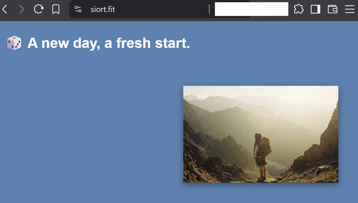 The siort.fit landing page showing an innocuous decoy: the heading 'A new day, a fresh start' over a stock photo of a hiker on a mountain.