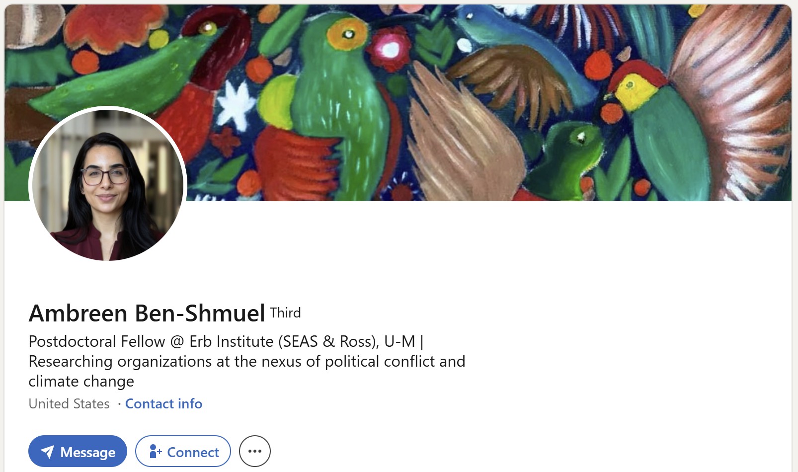 The real Ambreen Ben-Shmuel's LinkedIn profile, showing the same bird-mural banner and a headshot that the fake @Ambreen_7IL account copied.