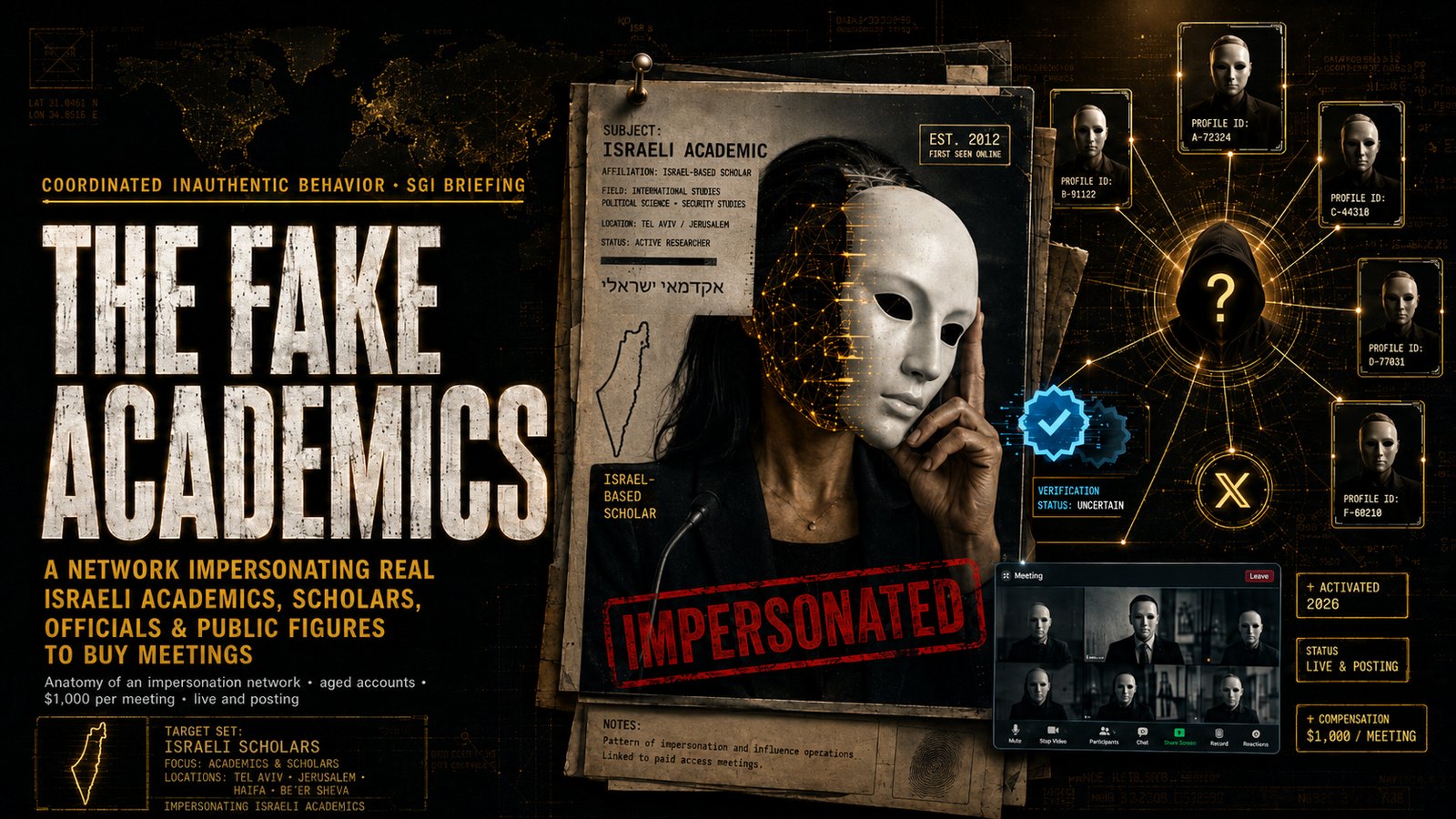 Masked persona portraits over the faces of five real named people, wired to a single hidden operator.