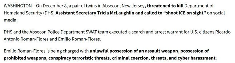DHS release text: DHS and the Absecon Police Department SWAT team executed a search and arrest warrant for U.S. citizens Ricardo Antonio Roman-Flores and Emilio Roman-Flores