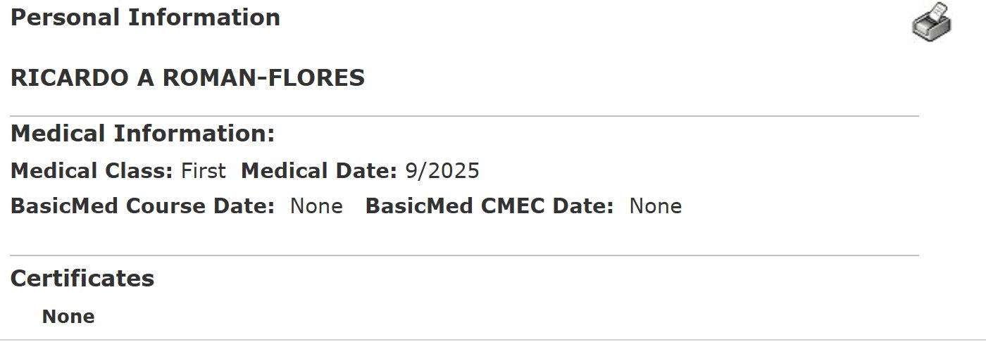FAA Airmen Inquiry record for Ricardo A Roman-Flores showing Medical Class First, Medical Date 9/2025, and Certificates None