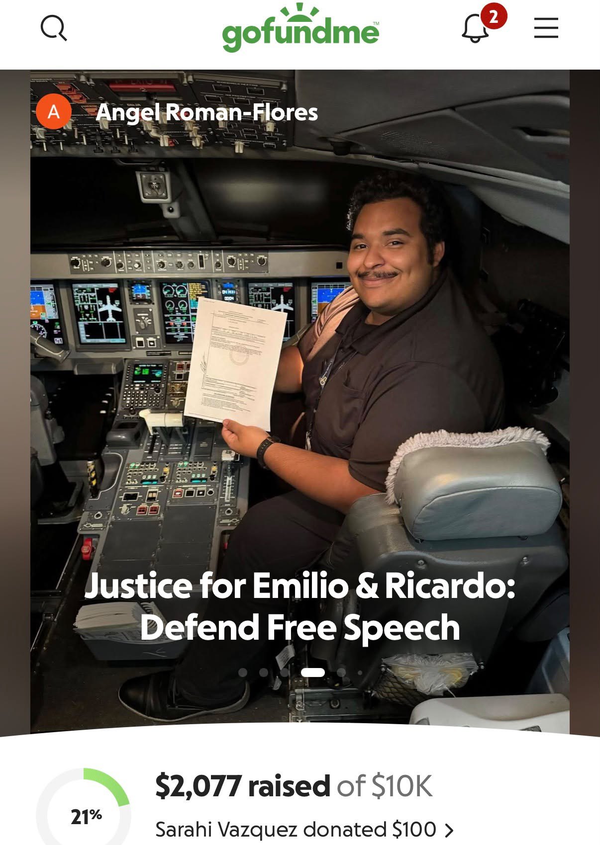 GoFundMe page: Justice for Emilio and Ricardo: Defend Free Speech, organized by Angel Roman-Flores, $2,077 raised of $10K