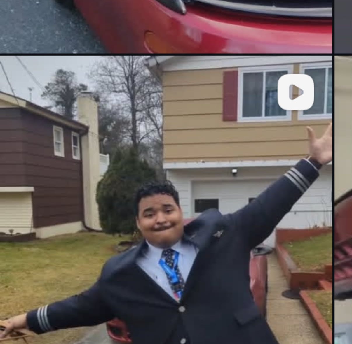 Still from a March 2025 Instagram video posted to yaboybigmeals showing a man in a pilot uniform with three-stripe epaulettes outside a house