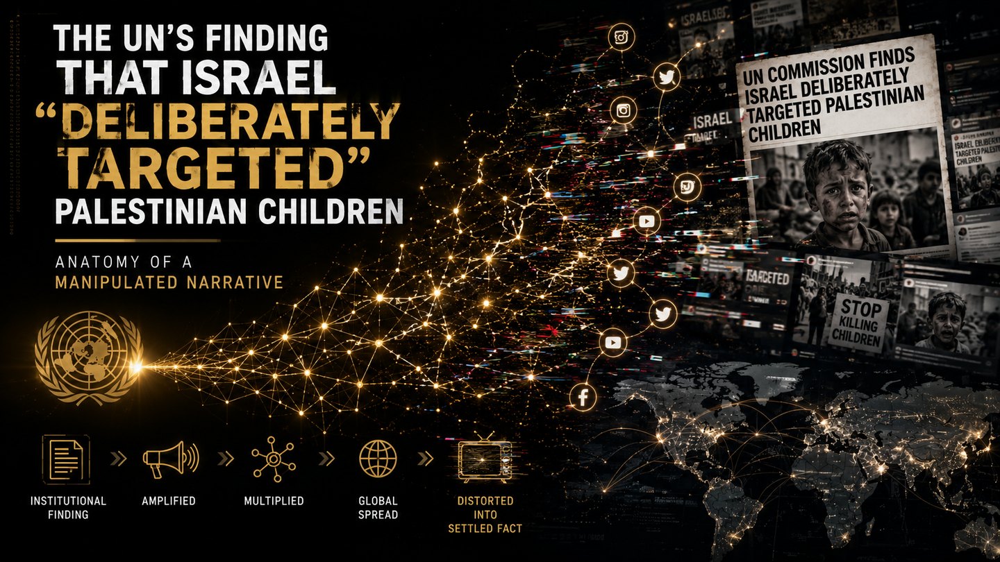 Report cover: the UN's 'deliberately targeted' finding radiating from the UN emblem through a glowing amplification network into headlines and social feeds, over a darkened world map.