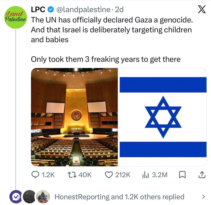 Screenshot of @landpalestine's post reading “The UN has officially declared Gaza a genocide. And that Israel is deliberately targeting children and babies. Only took them 3 freaking years to get there,” shown beside images of the UN General Assembly hall and the Israeli flag. 3.2M views, 212K likes, 40K reposts.