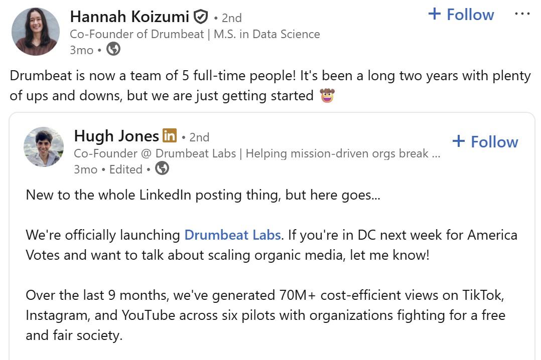 Launch posts from both founders, referencing America Votes and 70 million views across six pilots
