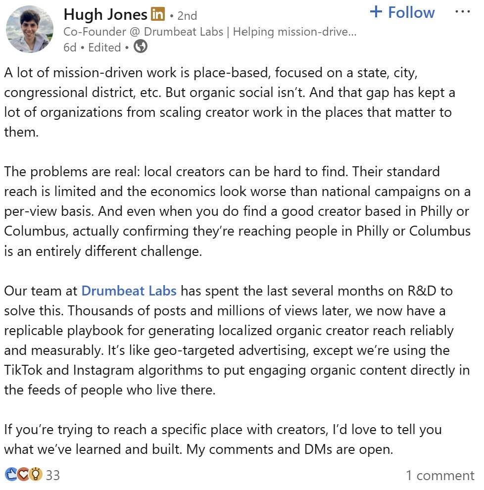 LinkedIn post by Hugh Jones about place-based targeting down to congressional district