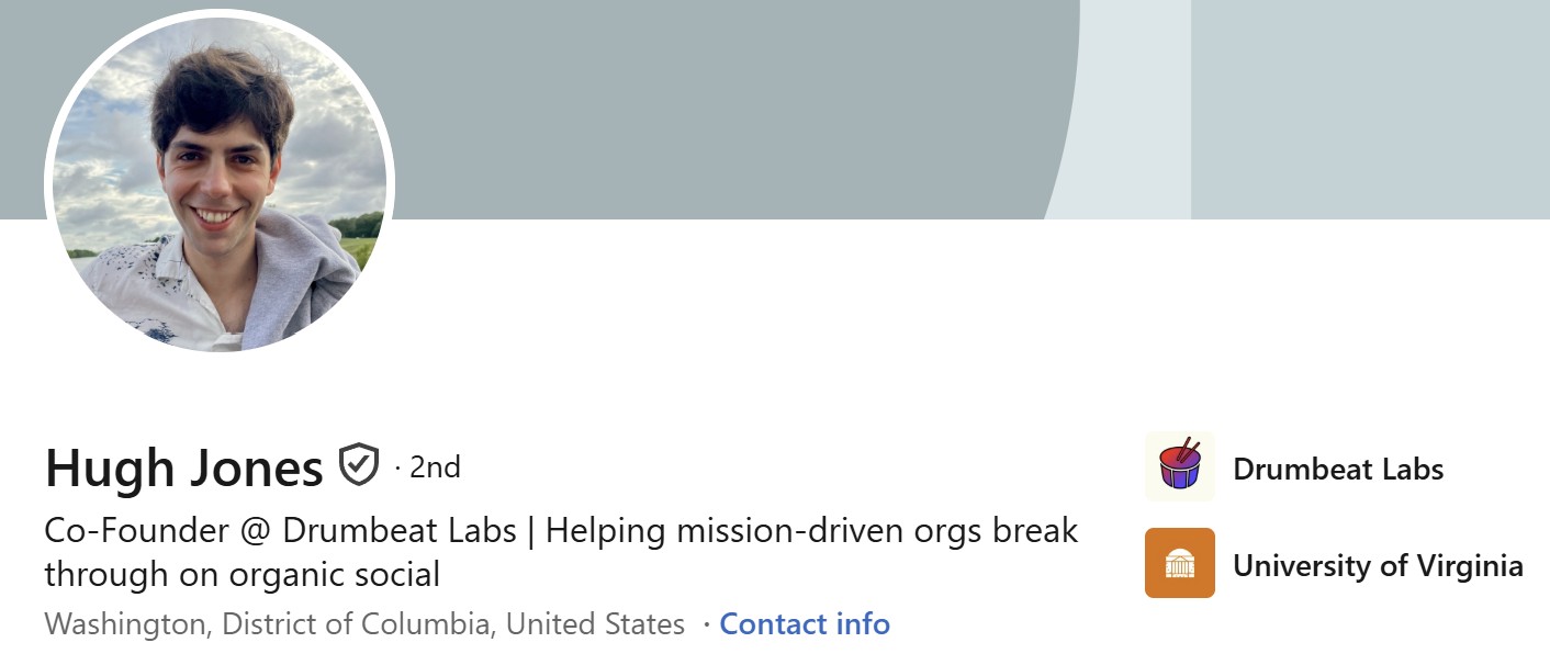 LinkedIn profile of Hugh Jones, Co-Founder at Drumbeat Labs