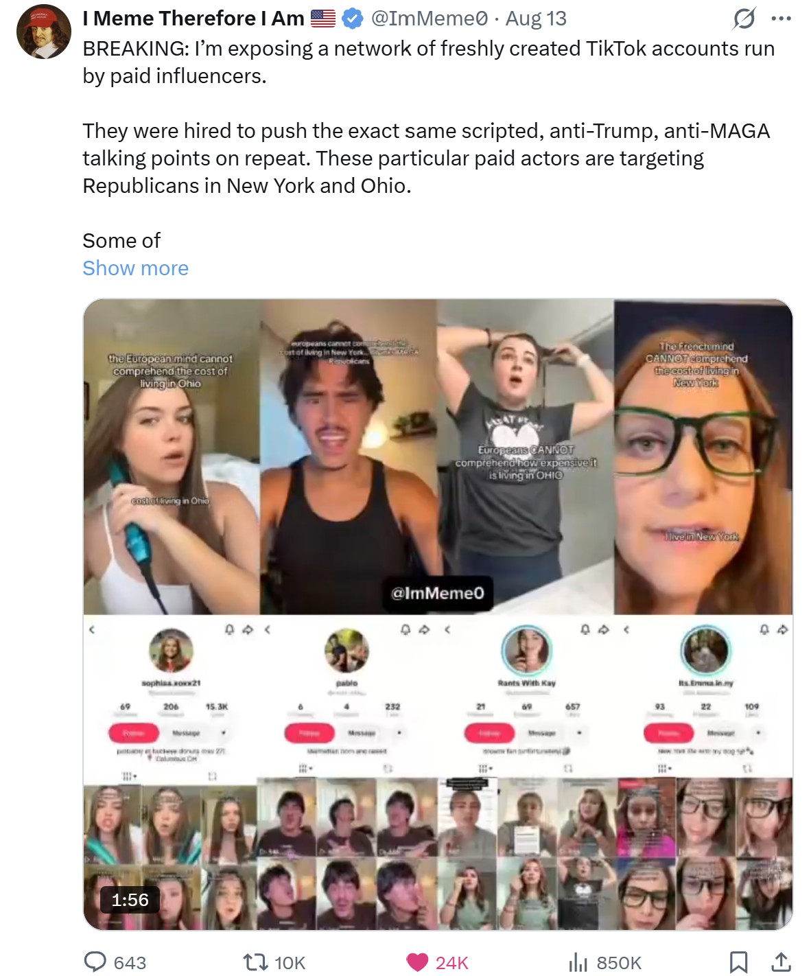 Post on X by I Meme Therefore I Am, @ImMeme0, dated 13 August, showing four TikTok accounts side by side reading the same cost-of-living script above their profile pages