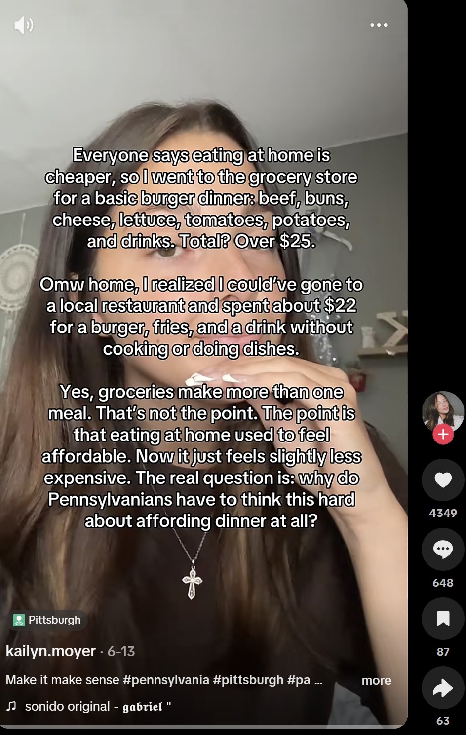 TikTok post by kailyn.moyer, Pittsburgh, 13 June, on-screen text about a $25 burger dinner